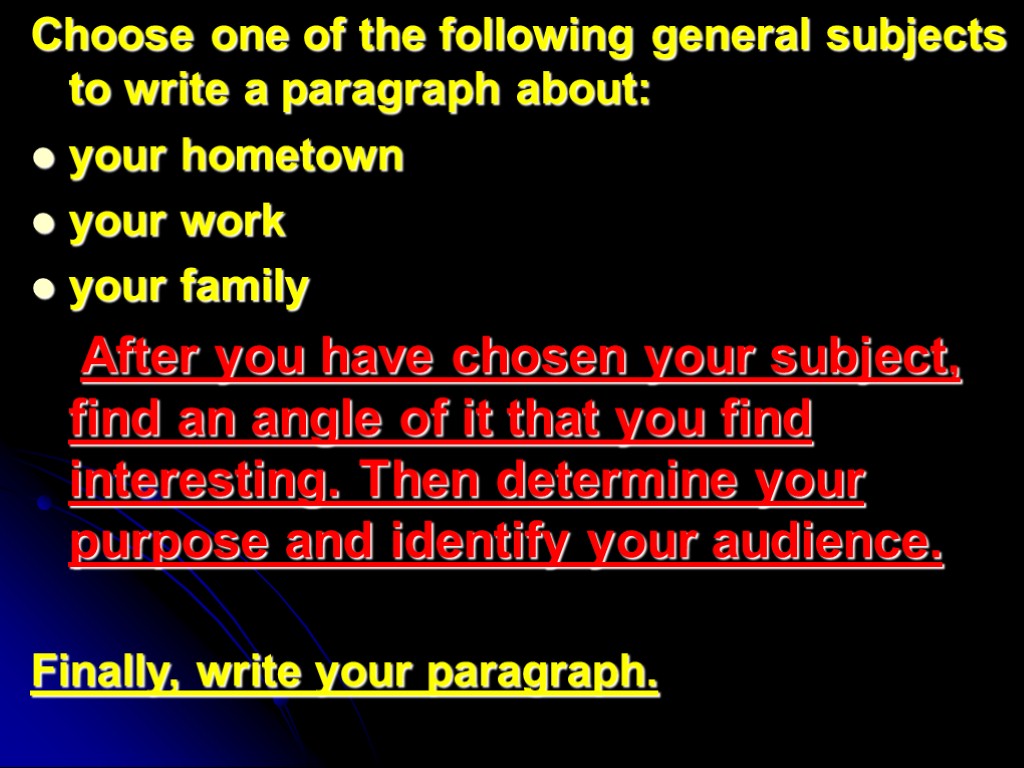 Choose one of the following general subjects to write a paragraph about: your hometown